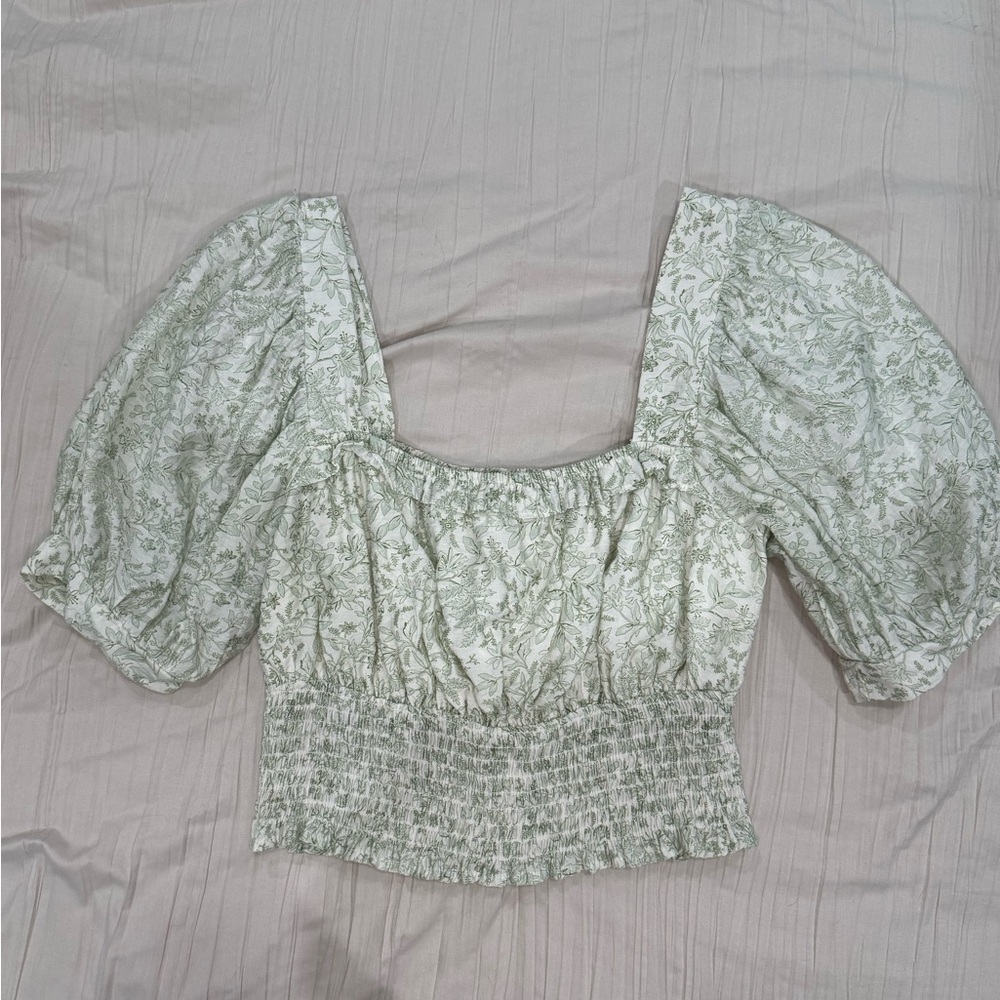 Blu Pepper Green Smocked Puff Sleeve Blouse